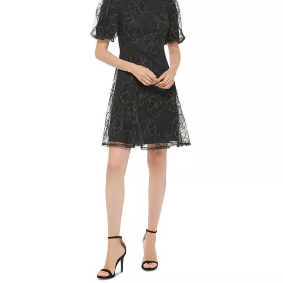 DKNY Women's Floral-Embellished Puff-Sleeve Dress Black/Gold Size 16 - Picture 4 of 10